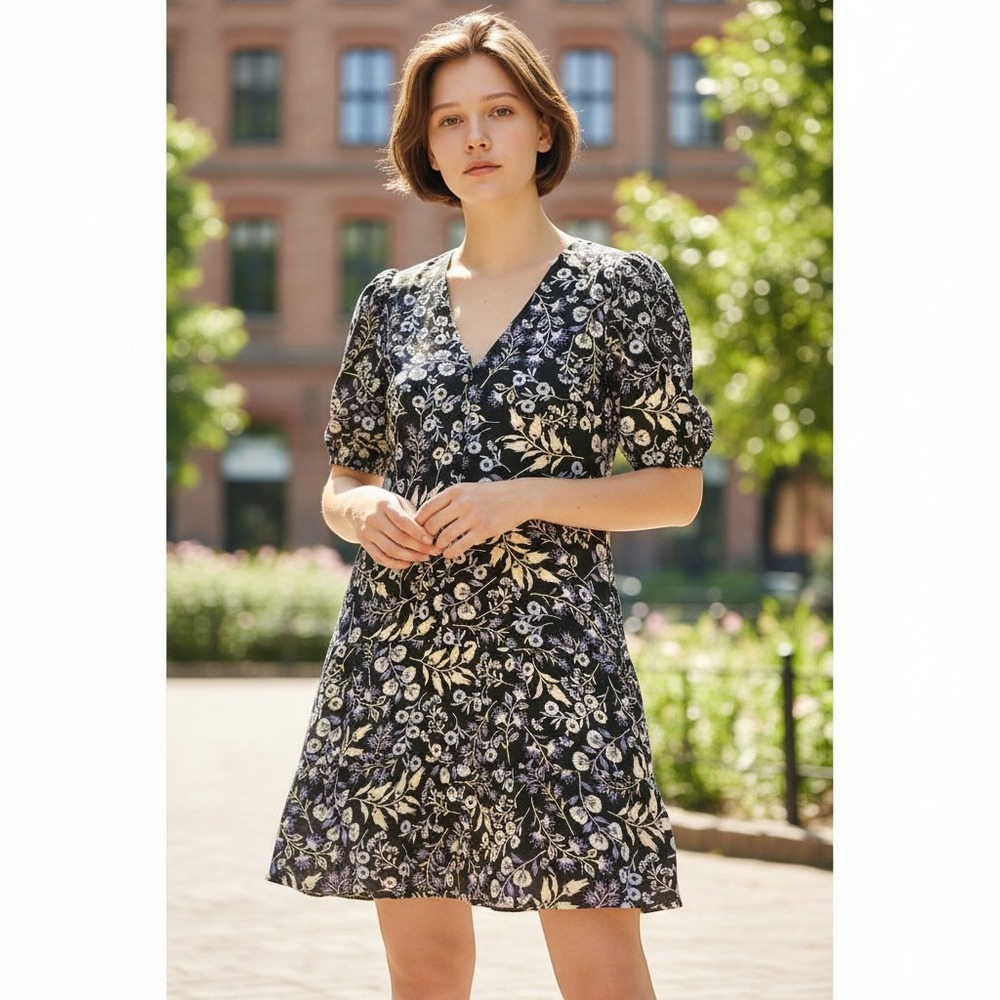 Loft Womens Small Black Floral V-Neck Puff Sleeve Tiered Ruffle Mini Dress‎